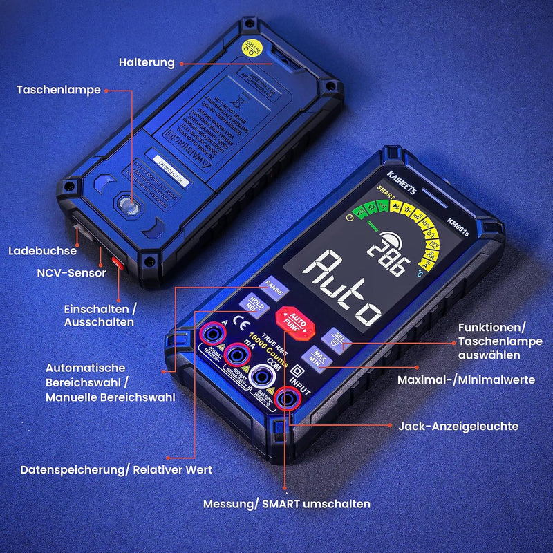 KAIWEETS Multimeter Mit 10000 Zählungen, Wiederaufladbares Digitalmultimeter Mit True RMS Auto-Range, Intelligentes Strommessgerät Misst Spannung, Strom, Widerstand, Durchgang, Frequenz KM601S