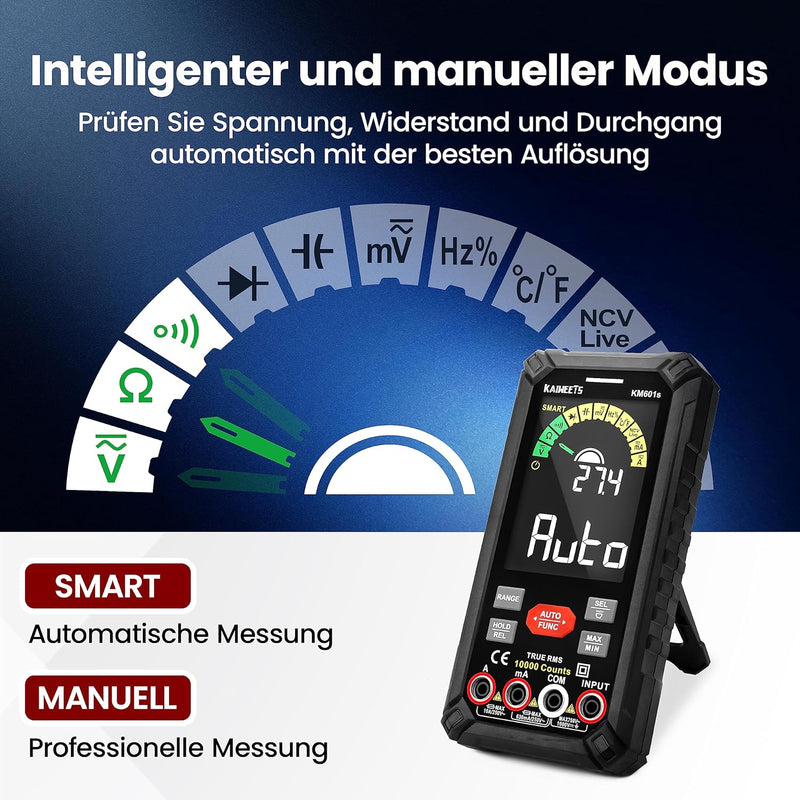 KAIWEETS Multimeter Mit 10000 Zählungen, Wiederaufladbares Digitalmultimeter Mit True RMS Auto-Range, Intelligentes Strommessgerät Misst Spannung, Strom, Widerstand, Durchgang, Frequenz KM601S