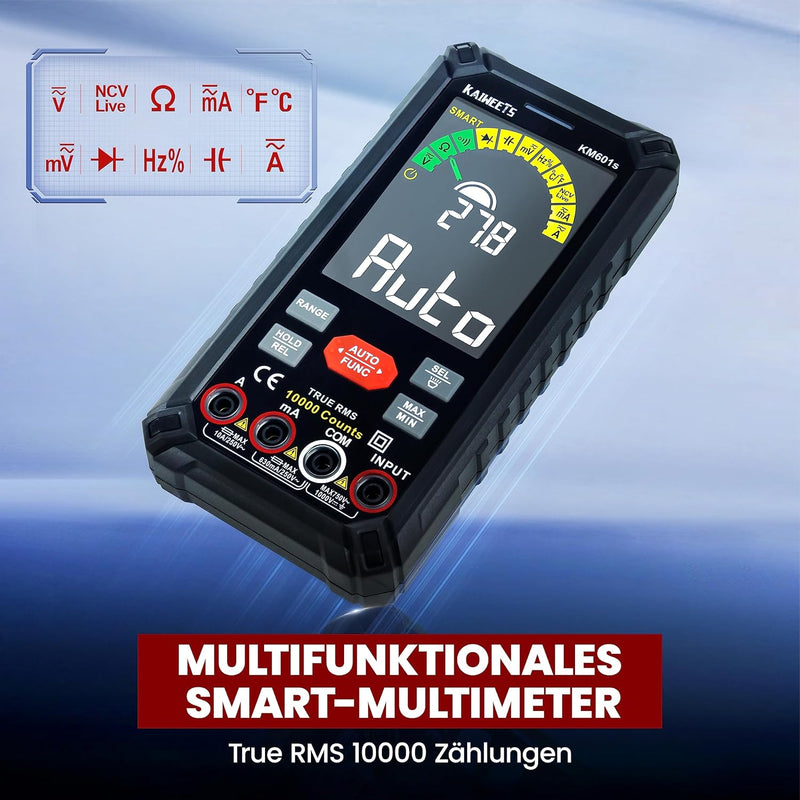 KAIWEETS Multimeter Mit 10000 Zählungen, Wiederaufladbares Digitalmultimeter Mit True RMS Auto-Range, Intelligentes Strommessgerät Misst Spannung, Strom, Widerstand, Durchgang, Frequenz KM601S