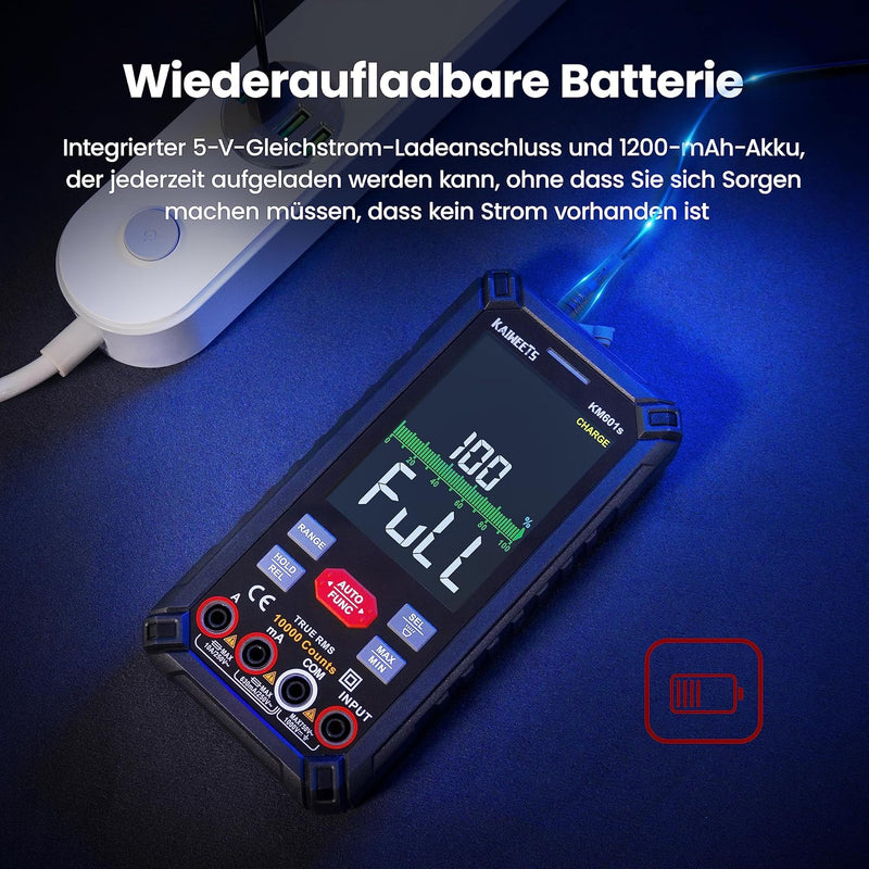 KAIWEETS Multimeter Mit 10000 Zählungen, Wiederaufladbares Digitalmultimeter Mit True RMS Auto-Range, Intelligentes Strommessgerät Misst Spannung, Strom, Widerstand, Durchgang, Frequenz KM601S