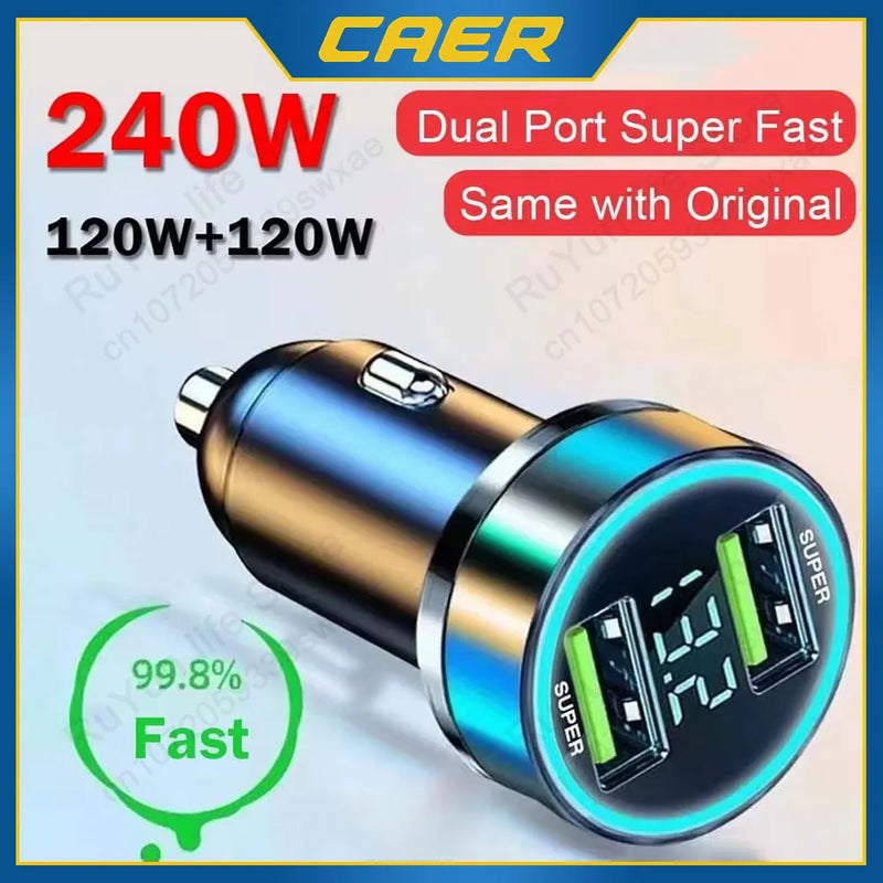 240W Car Charger Dual USB Ports 120W Super Fast Charging with Digital Display Quick Charging Adapter for Iphone Samsung Xiaomi